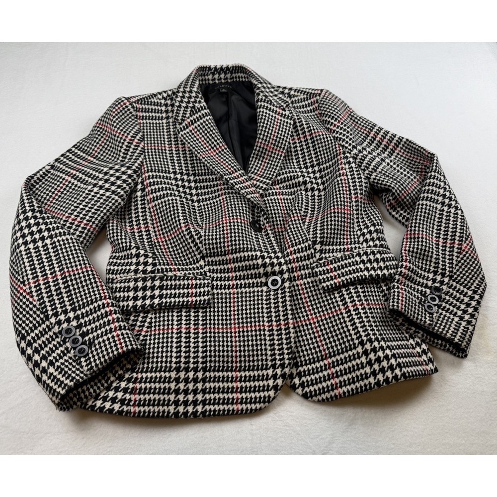 Talbots Plaid Blazer Womens 12 Wool Blend Houndstooth Black White Red Jacket